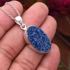 Collier pendentif pierre précieuse Druzy bleu fait à la main bijoux en argent Sterling pendentif élégant cadeau pour elle - Product Image 5