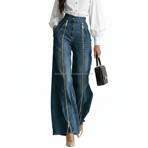 Jean cargo taille haute à jambes larges pour femme avec double fermeture éclair sur le devant, style streetwear, en denim personnalisé - Product Image 1