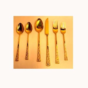Handmade Best Selling Stainless Steel Bright <b>Gold</b> <b>Mirror</b> Polished Bulk Cutlery Sets <b>Rectangular</b> End Embossed Design Handle - Product Image 1