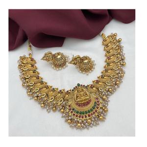 Collier de temple en or antique avec boucles d'oreilles Lakshmi collier de mariée ensemble classique bijoux de grand temple ensemble en or ensemble de mariage - Product Image 1