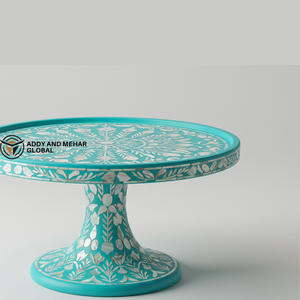 Artisan Nacre Incrustation Gâteau Stand Turquoise Floral Piédestal Assiette À Dessert De Luxe - Product Image 2