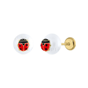 Boucles d'oreilles clous en or massif 9K avec perle et coccinelle (disponibles en 10K, 14K, 18K) pour femmes et enfants, fermoir à vis, fabriquées en Espagne - Product Image 1