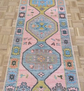 Alfombra de lana de lujo antigua 2,8x12 Rosa geométrico Oushak Runner Handknott Vintage 2,8x10, 2,8x18 alfombra de sala de estar alta oración para - Product Image 1