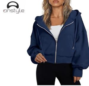 Onstyle Sports femmes décontracté recadrée sweat à capuche fermeture éclair style manches longues doux tissu chaud avec capuche parfait streetwear - Product Image 3