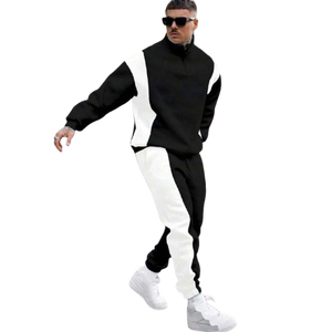 Conjunto Deportivo Ligero de 2 Piezas para Mujer, Personalizado, Negro y Blanco, con Estampado Lavado Ácido, Sudadera con Media Cremallera y Pantalones Jogger con Rayas Laterales, Diseño Colorblock - Product Image 1