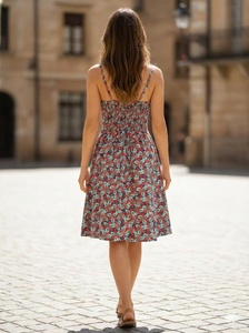 Robe trapèze décontractée pour femme, 100% coton tissé, sans manches, imprimée, coupe régulière, taille naturelle, longueur genou, style doux et mignon, collection printemps - Product Image 4