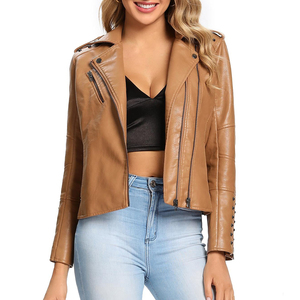 Veste de motard pour femme en cuir véritable matelassé camouflage à fermeture éclair courte Mode d'hiver décontractée Col rabattu - Product Image 3