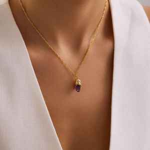 Collar Personalizado con Amatista Natural, Piedra de Nacimiento, Gema Delicada, Plata de Ley 925, Chapado en Oro de 14K - Product Image 3