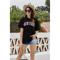 Großhandel Damen Casual Umweltfreundliche 100% Baumwolle Buchstaben-Grafik-Print Kurzarm Tunika Tops Rundhals Lose T-Shirts Übergroß