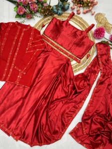 Trending Satin Silk Ready-to-Wear Saree con bordado Trabajo Koti Blusa Totalmente cosida para el verano - Product Image 4