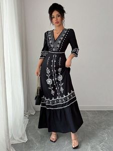 Vestido Túnica Vintage de Otoño, Casual, Largo, para Mujer, Cintura Natural, Manga Corta, Estilo Imperio, Bordado, con Volantes, 100% Algodón Tejido - Product Image 3