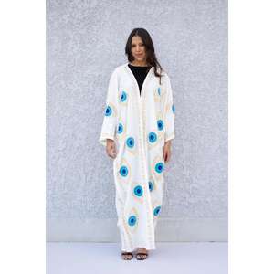 Holiday Oversized Ladies <b>Cardigan</b> <b>Kimono</b> Hand Embroidery Eye <b>Kimono</b> White Long Sleeve Boho Festival Style Long <b>Kimono</b> for Women - Product Image 4