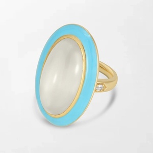 Serene <b>Moonstone</b> Enamel <b>Ring</b> With 2 Oval Cut Lab Grown Diamonds 0.08 Carat EF-VVS In 18K Yellow Gold Festive Gifting Occasion - Product Image 1