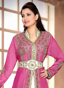 Wine embroidered georgette islamic <b>kaftan</b> With Sun-proof hijab. - Product Image 3