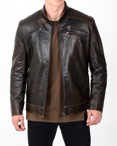 Veste en cuir véritable pour homme de marque en gros, mode d'hiver, sur mesure, vêtements décontractés, col montant, logo sur le devant - Product Image 1