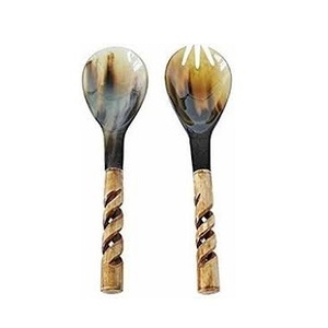Couverts cuillère et fourchette en corne de buffle avec manche torsadé en bois pour la salle à manger, vaisselle, ensemble cuillère et fourchette - Product Image 2