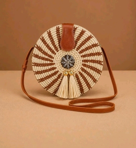 Round Rattan Woven <b>Straw</b> Preppy Style Tassel Shoulder Crossbody <b>Bag</b> for Women Vintage Summer Travel Purse - Product Image 5