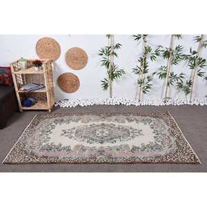 Alfombra turca clásica Beige marrón Vintage para sala de estar 3,8 'X 6,8 '(117X207 Cm) Tejido plano Patchwork patrón lana látex - Product Image 1