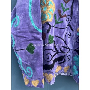 Unisex Short Suzani <b>Velvet</b> Jacket with Floral Embroidery Stand Collar and Cotton Lining for Spring Season - Product Image 3