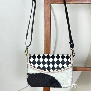 Premium Quality 2025 Tooled Cowhide Leather Crossbody & Shoulder Handbag for Women <b>Black</b> & <b>White</b> Checkered Design Handbag Purse - Product Image 1