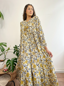 Maxi vestido de algodón puro Vintage Floral bloque sólido Bagru estampado indio verano terroso naturaleza diosa cómodo ecológico - Product Image 2