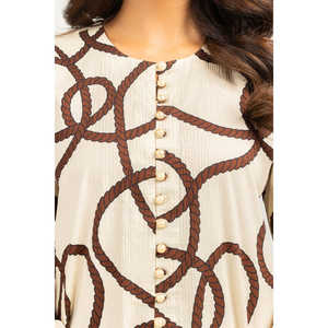 Conjunto Casual para Mujer, Color Beige, Estampado Ondulado, Top de Manga Media y Pantalón, Talla XS/XS, Tela Crepé, para Primavera/Verano - Product Image 1