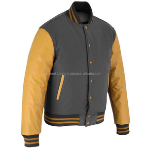 2026 OEM Limited Grey <b>Wool</b> With <b>Yellow</b> Leather Sleeves Varsity Jacket For Men's 100% High Quality Low MOQ Heated Fashion Jackets - Product Image 5