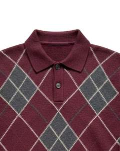 Suéter Polo de Punto Argyle para Hombre, Manga Larga, Cuello con Botones, Informal, para Invierno, Color Rojo Borgoña, para Venta al por Mayor y Pedidos al por Mayor - Product Image 3