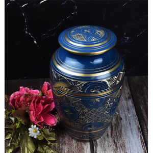 Urna de latón hecha a mano para cenizas Urna para cenizas humanas Hermoso azul con urnas de cremación doradas para cenizas de mascotas Recuerdo de entierro - Product Image 5