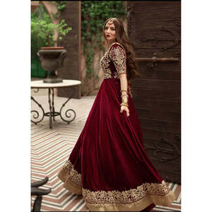 <b>Red</b> Velvet Long A-Line Ball Gown Dress Natural Waist Scoop Collar Customizable <b>Materials</b> for Bridal Wedding Mehndi Walima - Product Image 4