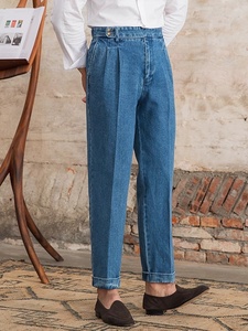 Pantalon en jean pour homme automne-hiver, style rétro, taille haute, coupe droite, pantalon décontracté pour gentleman avec braguette zippée, lavage lourd, style tendance - Product Image 2