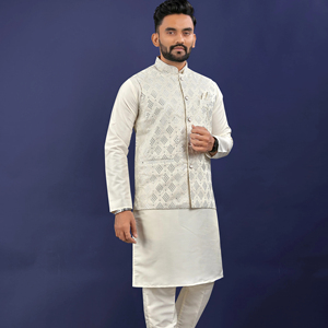 Heavy Designer Pure Silk Mirror Work Jacket Kurta Pijama Set - Product Image 1