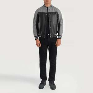 Terrance Vintage Black Grey <b>Sheepskin</b> Leather Varsity <b>Jacket</b> Water-Proof Wool Embroidered Pattern Decoration Sizes XS XL - Product Image 3