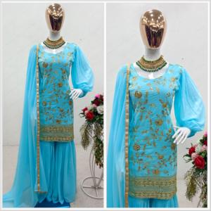 Lancement d'un nouveau design haut pantalon avec ensemble Dupatta fausse georgette avec broderie de séquence travail avec robe fantaisie à manches ballon - Product Image 3