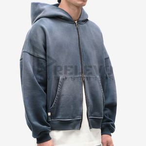 Sweat à capuche de haute qualité 500 g/m² délavé à l'acide pour homme, avec logo personnalisé, 100 % coton, lourd, zippé, design uni délavé au soleil, pour l'hiver, lot de 2 pièces - Product Image 3