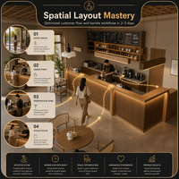 Aménagement de café, comptoir en bois à lattes, design d'intérieur, menu mural en tableau noir, ensemble de chaises en rotin, mobilier sur mesure, design de magasin personnalisé