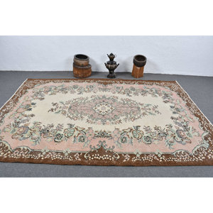 พรมตุรกีโบราณขนาด6.2x9.4ฟุตสีน้ำตาลเบจผ้าทอแบบแบนมีลวดลายเย็บปะติดปะต่อกันสำหรับตกแต่งห้องนั่งเล่นห้องโถง - Product Image 3