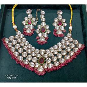 414 CC Pear Cut Moissanite Bezel Setting Women's Wedding Mehandi Kundan Necklace - Product Image 2