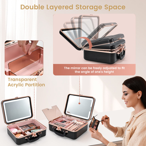 Portable <b>Makeup</b> Train <b>Case</b> with LED Mirror 3 Color Adjustable Lights Professional Cosmetic Organizer Box with Removable Tray - Product Image 3