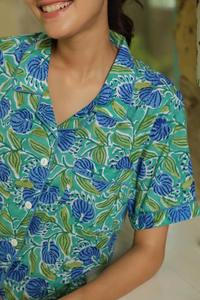 Indian Block-Print Pure Cotton Floral <b>Shorts</b> Set <b>Women's</b> Spring Summer Sleep <b>Lounge</b> Wear <b>Short</b> Sleeve Shirt Top Hand Printed - Product Image 5