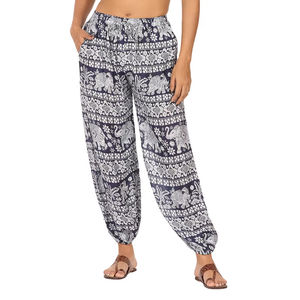 กางเกงของผู้หญิงแนวโบฮีเมียนผ้าเรยอนใส่สบายทรงหลวมเลกกิ้งทรงตรงสไตล์ฮาเร็มตกแต่งด้วยยางยืดสำหรับฤดูร้อนฟรีไซส์ - Product Image 1