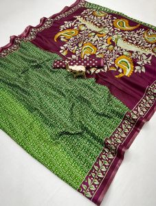 ผ้าไหมทัสซาร์เนื้อนุ่มปักลายคาลัมคารีสวยงามหรูหราสำหรับผู้หญิง พร้อมขอบสีทองทันสมัย แบบไม่มีเสื้อคลุม - Product Image 3