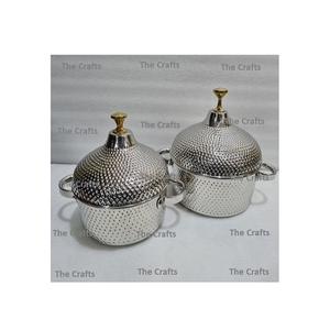 Cazuela de acero inoxidable de color plateado con perillas de latón, utensilios de cocina de forma redonda, olla caliente para servir en la India - Product Image 2