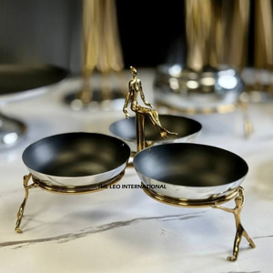 Bol de service rond en bois durable avec statue en métal doré de style japonais pour la cuisine à domicile pour les services alimentaires et de fruits - Product Image 4