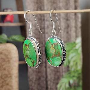 925 Sterling Silver Green Copper <b>Turquoise</b> Oval Gemstone Earrings Elegant Wedding/Party Christmas Gift for Women - Product Image 3