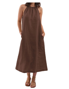 Traje sin mangas con cuello Halter para mujer, vestido Midi con bolsillos laterales, ajuste holgado, Color sólido, ropa cómoda para el día a día - Product Image 1