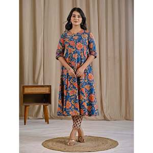 Ensemble Kurta et pantalon en coton imprimé bleu Jaal pour filles et femmes, style ethnique indien avec broderies pour les fêtes et occasions spéciales - Product Image 4