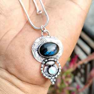 Collier pendentif fait main en argent sterling 925 avec serti clos, labradorite et pierre de lune, plaqué or vintage, unisexe, pour fiançailles ou troisième anniversaire - Product Image 2
