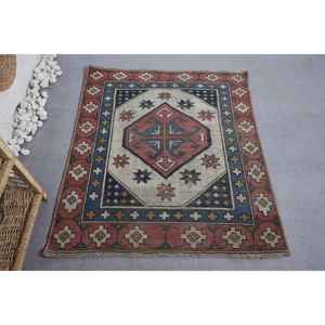 Alfombra de lana étnica, rojo, azul, 3,8x4,3 pies, patrón de retazos, alfombra de sala de estar, látex para entrada, pasillo, rectángulo, rompecabezas a rayas - Product Image 1