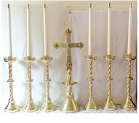 Ensemble de six chandeliers en laiton avec croix d'autel assortie, fournitures d'église pour la prière, décoration religieuse, usage liturgique et spirituel
